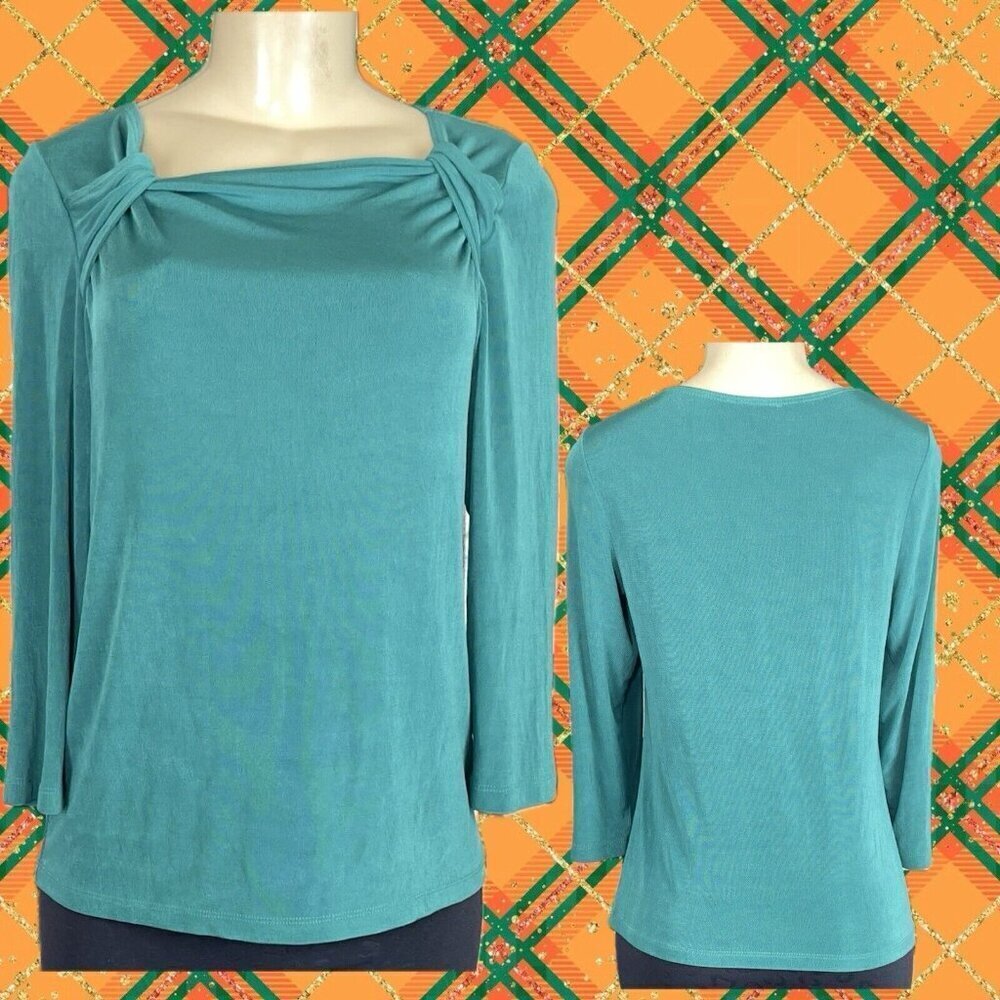 Citiknits S Green Square Detail Neckline Stretch Acetate Blend 3/4 Sleeve Blouse